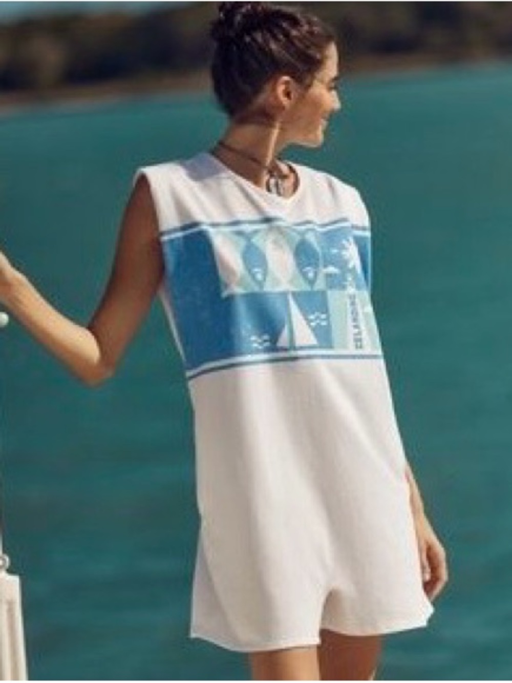 White & Blue Graphic Sleeveless Swim Cover-Up Celadine Muscle Tee Playsuit